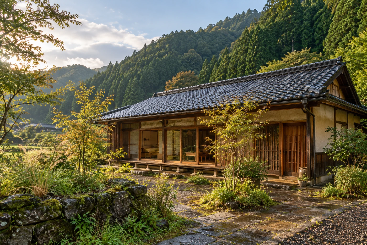 緑深い山を背に、木の縁側が庭に面した美山の一棟宿