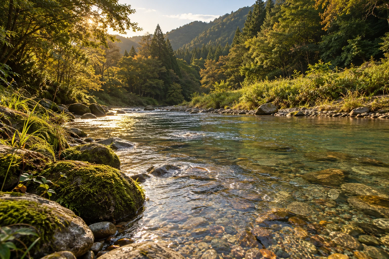 木漏れ日が差す、美山の山あいを流れる澄んだ川